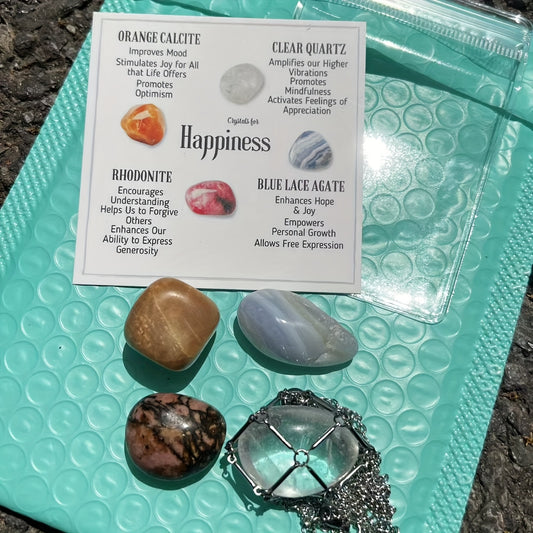 Crystal Healing Set: Tumbled Stones, Cage Necklace, Info Card - Wellness Gift
