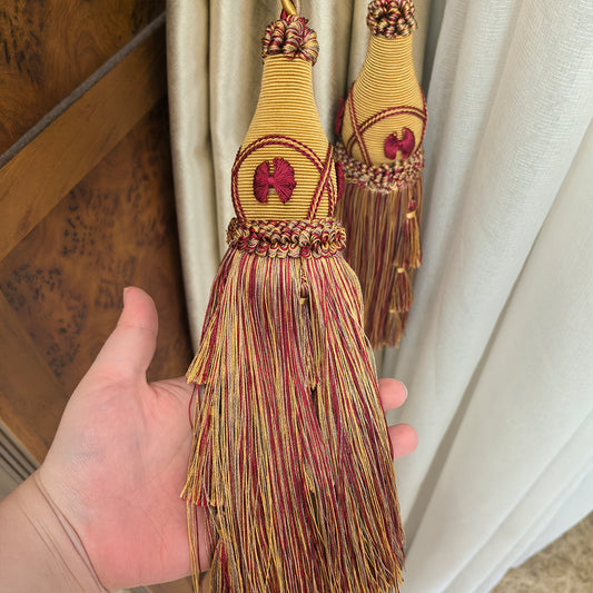 2 Packs Vintage Gold & Burgundy Double Tassel Curtain Tieback, 30 in – Handcrafted Decorative Rope Holdback for Drapes and Classic Home Décor E2556