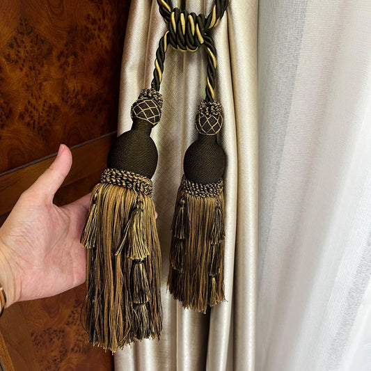 2 Packs Luxury Black & Gold Double Tassel Curtain Tieback, 28 in – Handcrafted Decorative Rope Holdback for Drapes and Home Interior Styling E2503_B