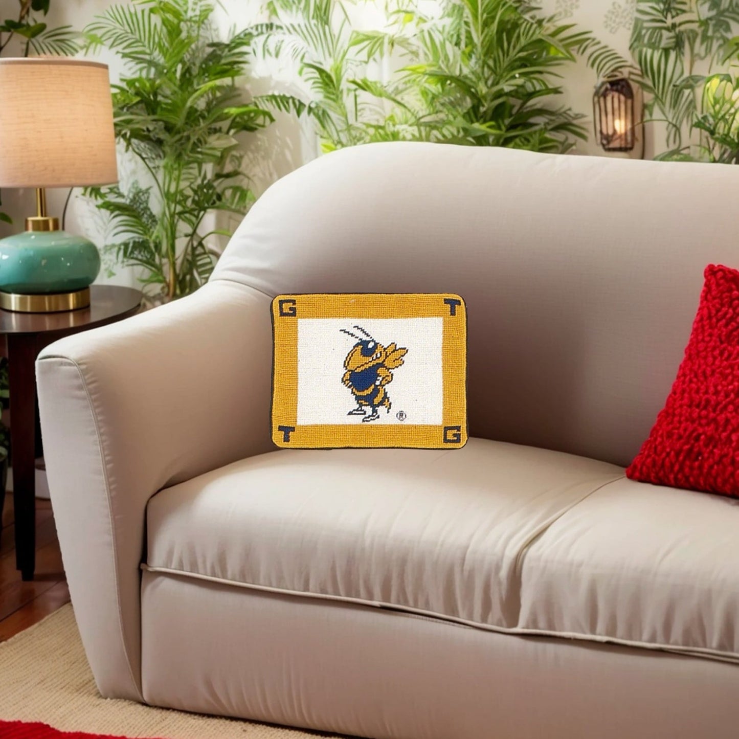 Handmade Wool Needlepoint Pillow Cover - Decorative Throw Cushion Cover - Vintage Floral Embroidery Design Georgia Institute of Technology Yellow Jackets