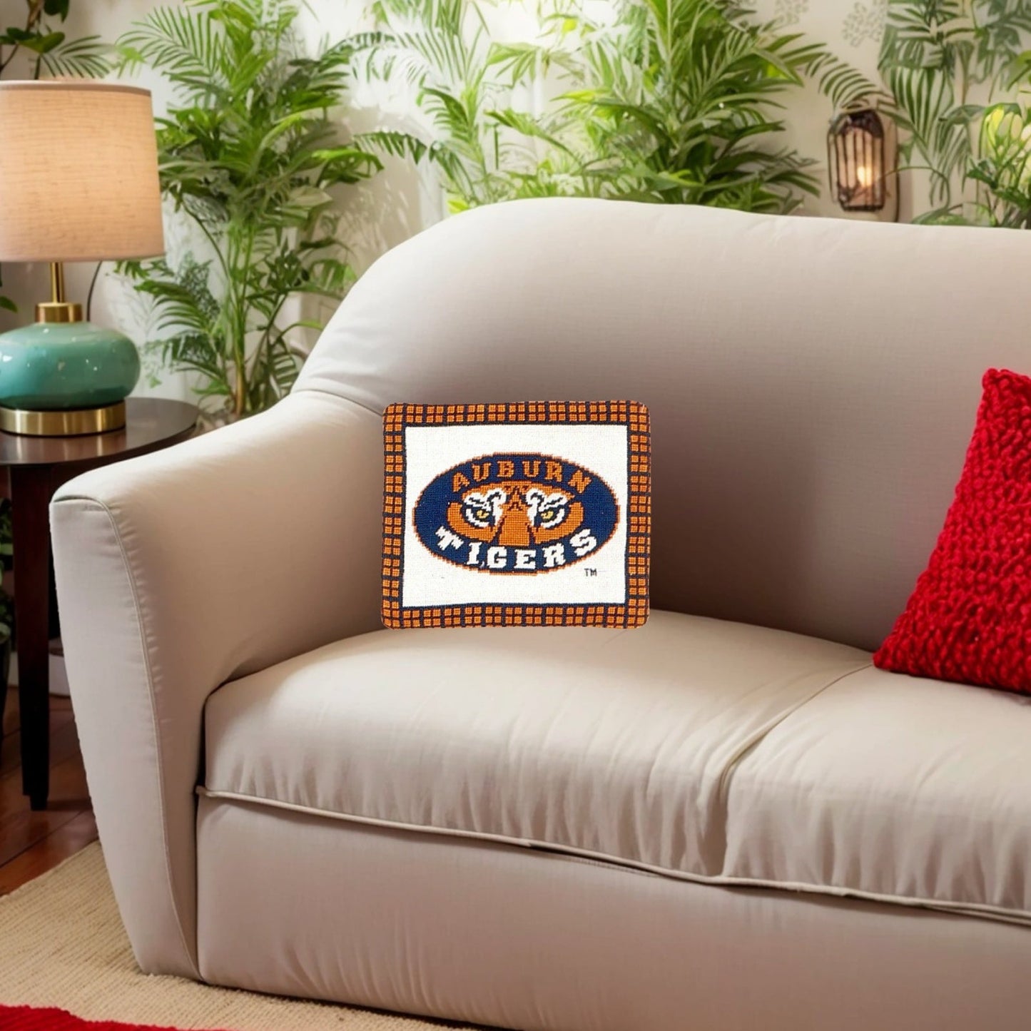 Handmade Wool Needlepoint Pillow Cover - Decorative Throw Cushion Cover - Vintage Floral Embroidery Design Auburn University of AL, Auburn Tiger