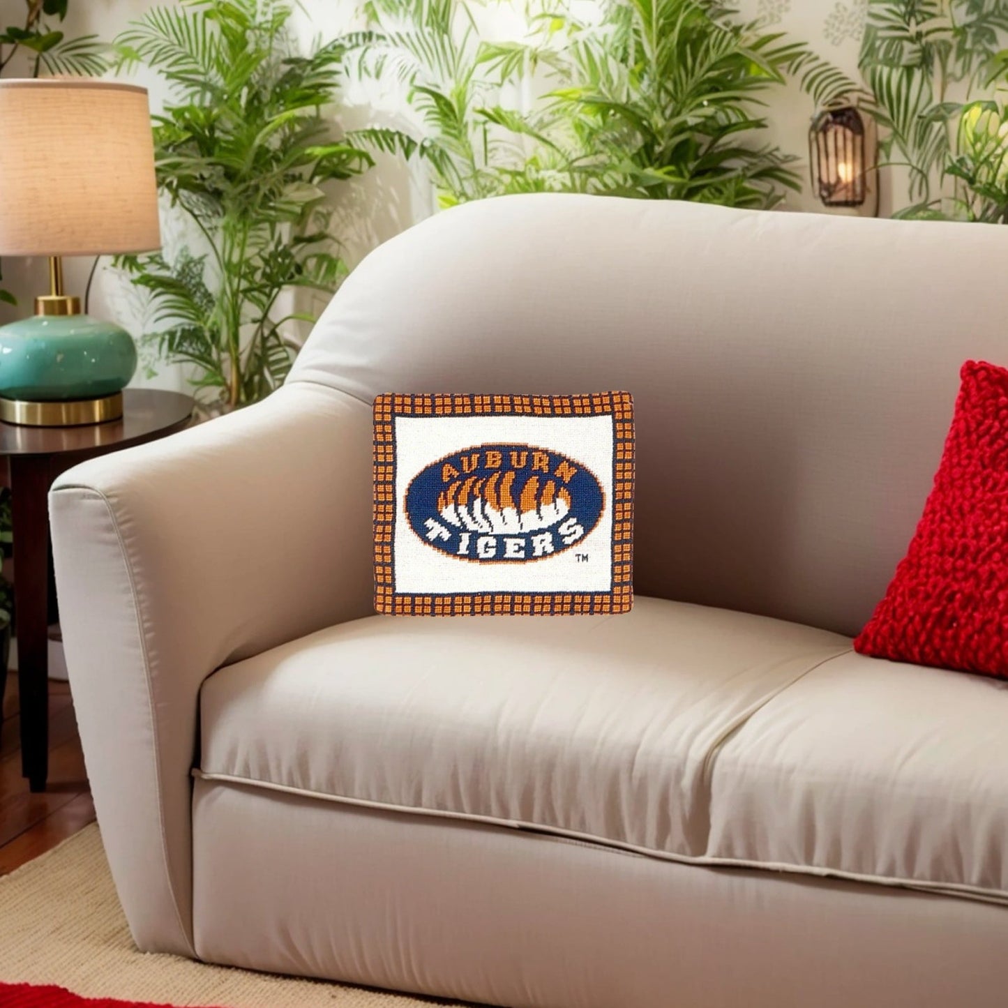 Handmade Wool Needlepoint Pillow Cover - Decorative Throw Cushion Cover - Vintage Floral Embroidery Design Auburn Tigers