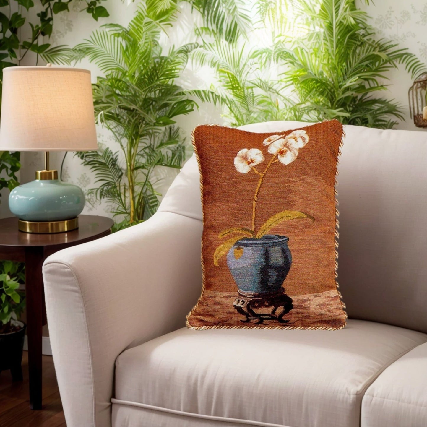 Handmade Wool Needlepoint Pillow Cover - Decorative Throw Cushion Cover - Vintage Floral Embroidery Design white orchard in blue pot with 2 color cording