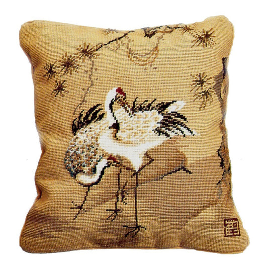 Handmade Wool Needlepoint Pillow Cover - Decorative Throw Cushion Cover - Vintage Floral Embroidery Design Cranes with pine tree 1