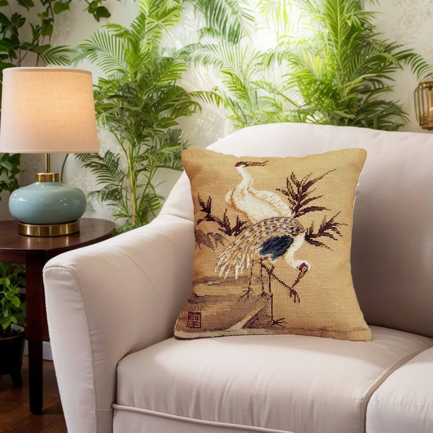 Handmade Wool Needlepoint Pillow Cover - Decorative Throw Cushion Cover - Vintage Floral Embroidery Design Cranes with green leaves