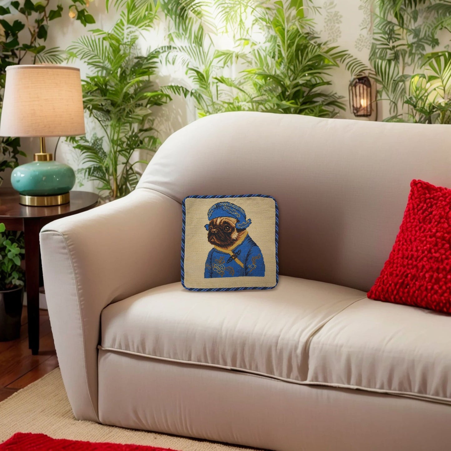 Handmade Wool Needlepoint Pillow Cover - Decorative Throw Cushion Cover - Vintage Floral Embroidery Design pug boy in blue with 3 color cording