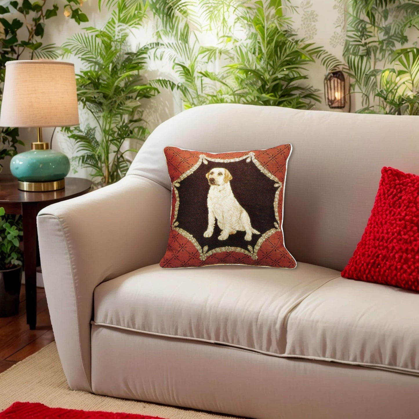 Handmade Wool Needlepoint Pillow Cover - Decorative Throw Cushion Cover - Vintage Floral Embroidery Design yellow Labradorin red trimming frame