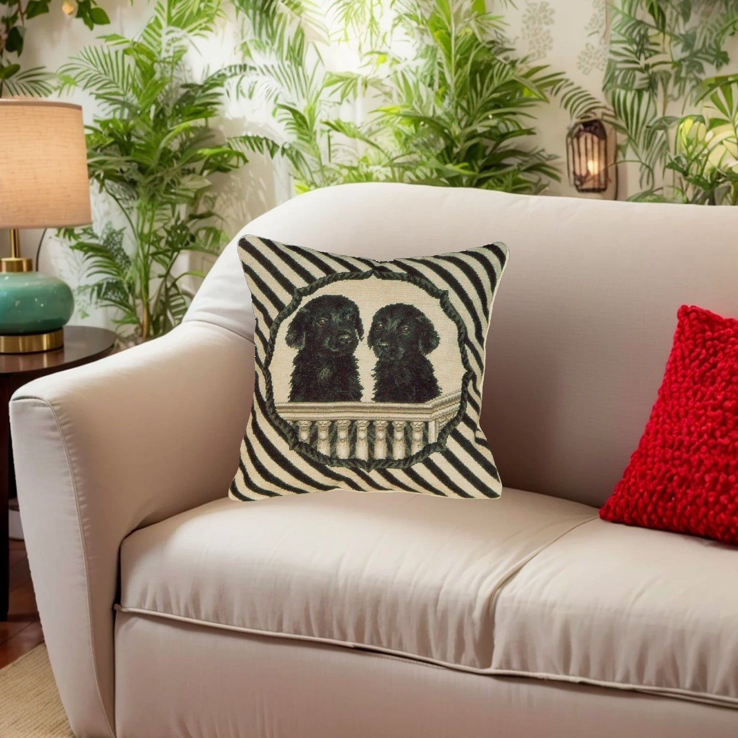 Handmade Wool Needlepoint Pillow Cover - Decorative Throw Cushion Cover - Vintage Floral Embroidery Design twin black Labrador in balcony