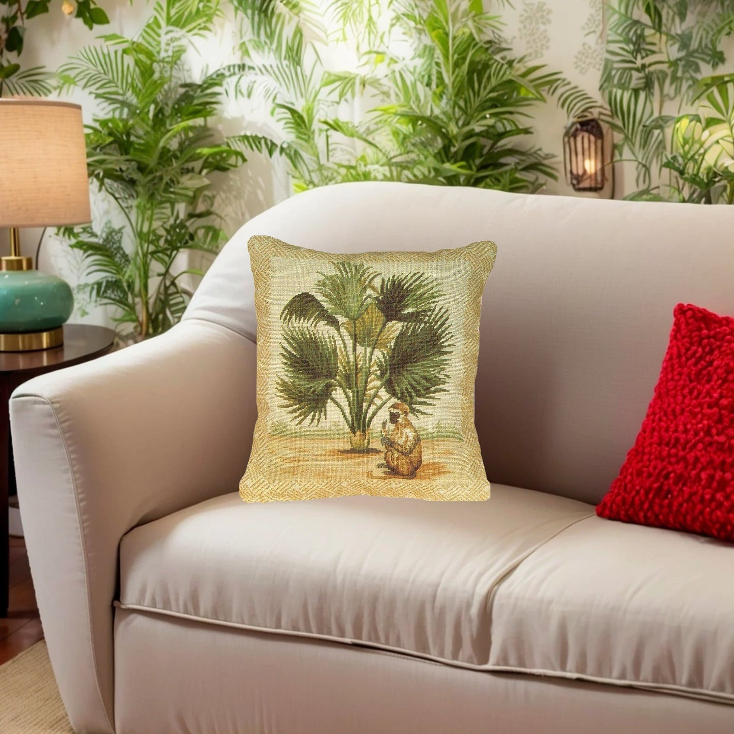 Handmade Wool Needlepoint Pillow Cover - Decorative Throw Cushion Cover - Vintage Floral Embroidery Design 5 long tail monkey & palm tree waved frame