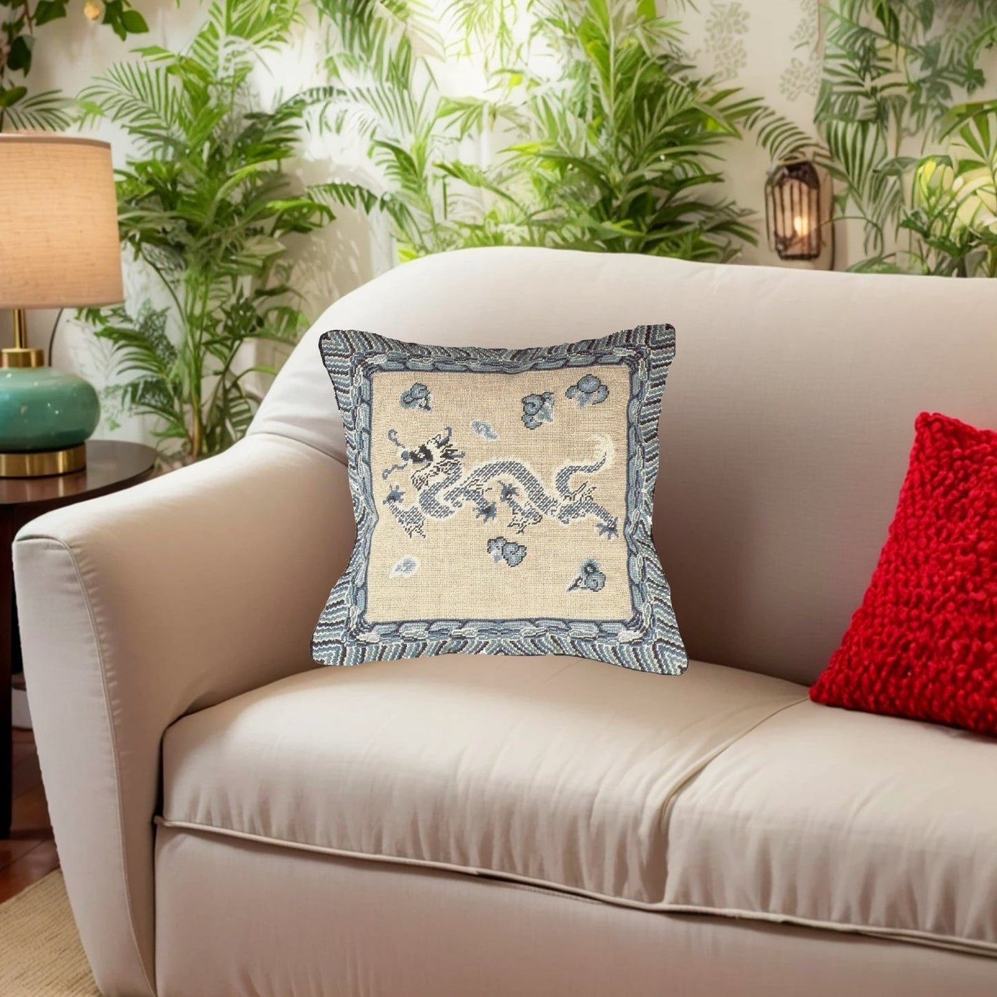 Handmade Wool Needlepoint Pillow Cover - Decorative Throw Cushion Cover - Vintage Floral Embroidery Design blue/white Dragon