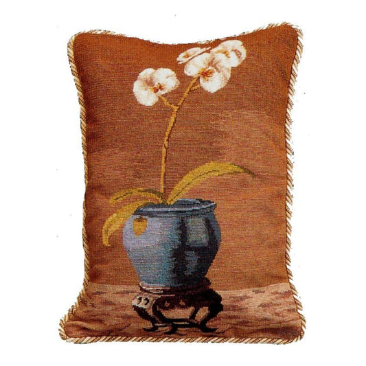 Handmade Wool Needlepoint Pillow Cover - Decorative Throw Cushion Cover - Vintage Floral Embroidery Design white orchard in blue pot with 2 color cording