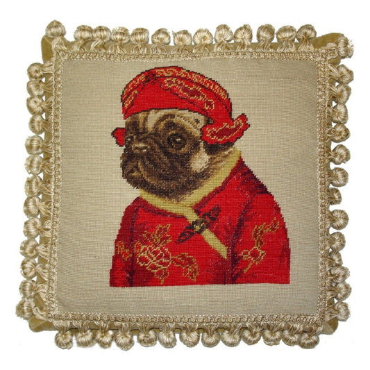 Handmade Wool Needlepoint Pillow Cover - Decorative Throw Cushion Cover - Vintage Floral Embroidery Design pug boy in red jacket ware hat with 3 color cording