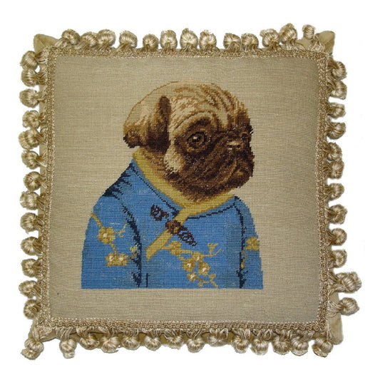 Handmade Wool Needlepoint Pillow Cover - Decorative Throw Cushion Cover - Vintage Floral Embroidery Design pug girl in blue jacket with 3 color cording
