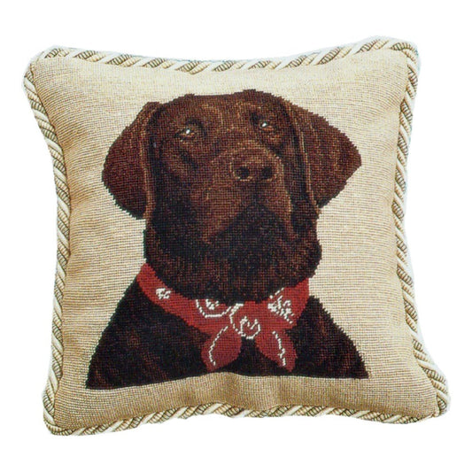 Handmade Wool Needlepoint Pillow Cover - Decorative Throw Cushion Cover - Vintage Floral Embroidery Design brown Labradorwith 2 color cording