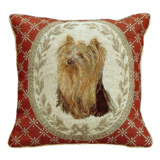 Handmade Wool Needlepoint Pillow Cover - Decorative Throw Cushion Cover - Vintage Floral Embroidery Design Yorkshire Terrier in red weather frame