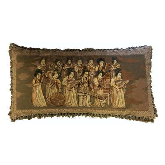 Handmade Wool Needlepoint Pillow Cover - Decorative Throw Cushion Cover - Vintage Floral Embroidery Design musician ladies from China old silk road painting with tassels 1