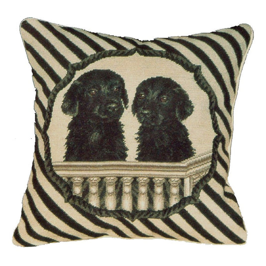 Handmade Wool Needlepoint Pillow Cover - Decorative Throw Cushion Cover - Vintage Floral Embroidery Design twin black Labrador in balcony