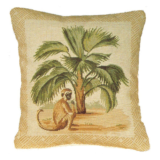 Handmade Wool Needlepoint Pillow Cover - Decorative Throw Cushion Cover - Vintage Floral Embroidery Design 5 long tail monkey & palm tree waved frame 1