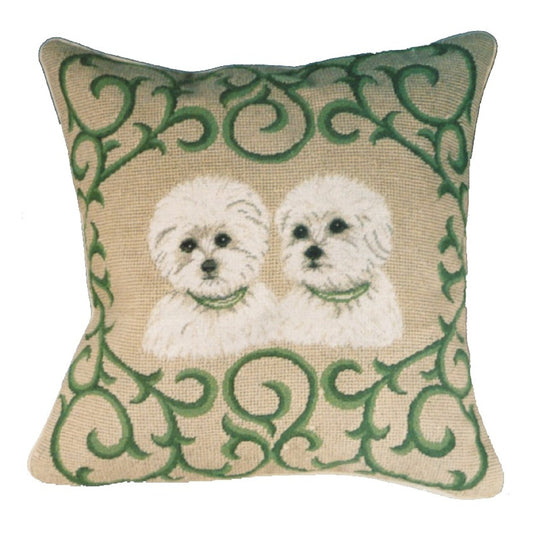 Handmade Wool Needlepoint Pillow Cover - Decorative Throw Cushion Cover - Vintage Floral Embroidery Design twin Westie in green leave frame