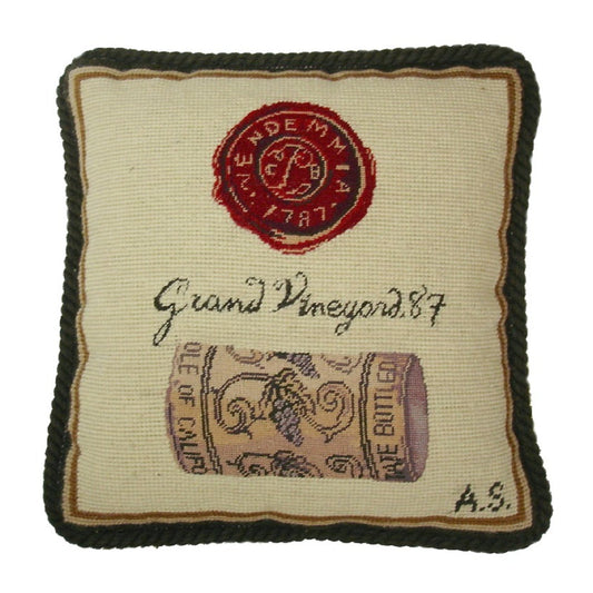 Handmade Wool Needlepoint Pillow Cover - Decorative Throw Cushion Cover - Vintage Floral Embroidery Design cork & seal back Angela Staehling designGrand Vineyard with cording