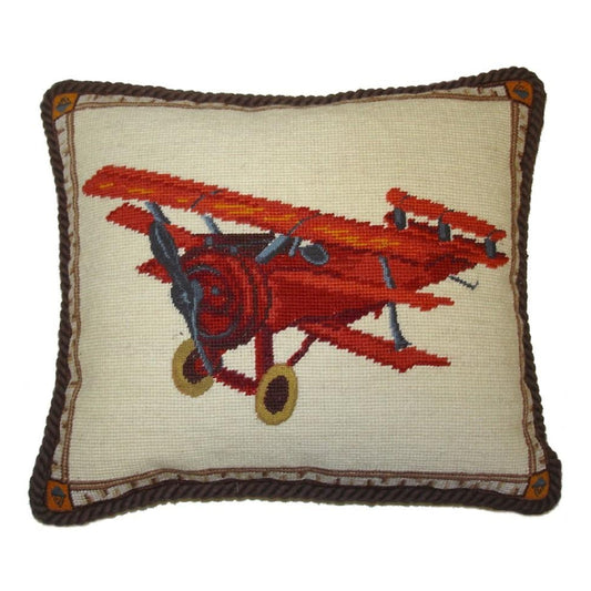 Handmade Wool Needlepoint Pillow Cover - Decorative Throw Cushion Cover - Vintage Floral Embroidery Design plane with brown cording