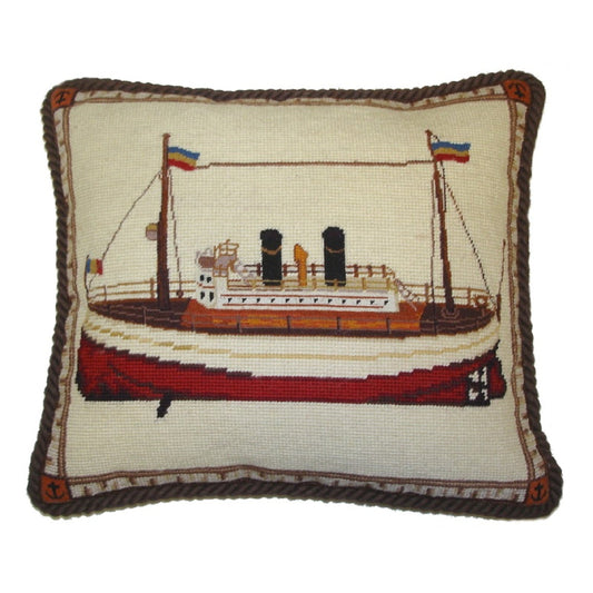 Handmade Wool Needlepoint Pillow Cover - Decorative Throw Cushion Cover - Vintage Floral Embroidery Design boat with brown cording