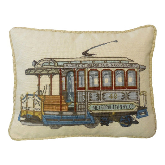 Handmade Wool Needlepoint Pillow Cover - Decorative Throw Cushion Cover - Vintage Floral Embroidery Design of SF cable car Market-GGP-Page St checker cording