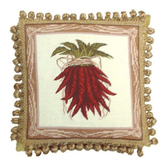 Handmade Wool Needlepoint Pillow Cover - Decorative Throw Cushion Cover - Vintage Floral Embroidery Design red pepper with tassel