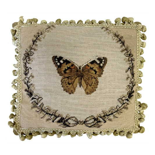 Handmade Wool Needlepoint Pillow Cover - Decorative Throw Cushion Cover - Vintage Floral Embroidery Design brown butterfly with 2 color tassel