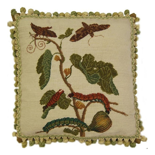 Handmade Wool Needlepoint Pillow Cover - Decorative Throw Cushion Cover - Vintage Floral Embroidery Design background, green/brown caterpillars with 3 color tassels