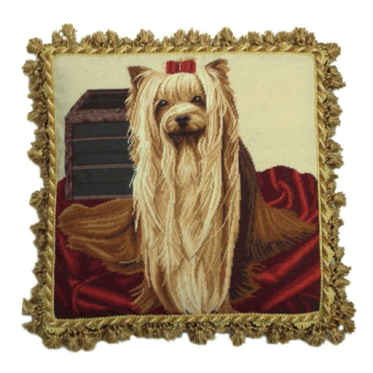 Handmade Wool Needlepoint Pillow Cover - Decorative Throw Cushion Cover - Vintage Floral Embroidery Design Yoki-front with tassels