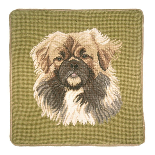 Handmade Wool Needlepoint Pillow Cover - Decorative Throw Cushion Cover - Vintage Floral Embroidery Design Pekinese