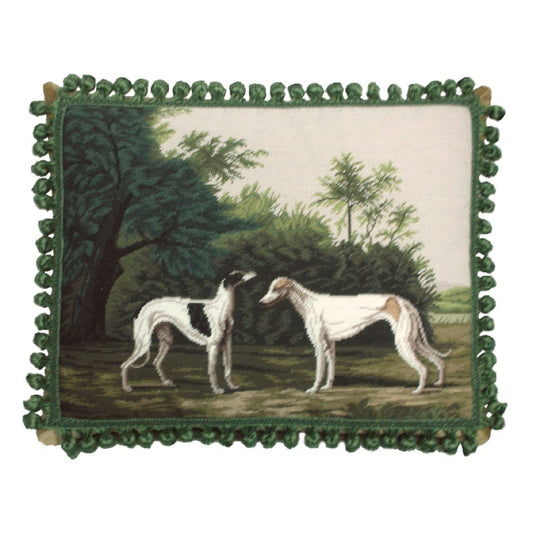 Handmade Wool Needlepoint Pillow Cover - Decorative Throw Cushion Cover - Vintage Floral Embroidery Design 2 Greyhound with tassels