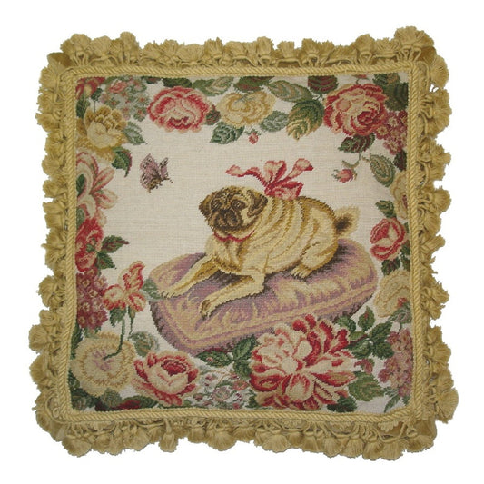 Handmade Wool Needlepoint Pillow Cover - Decorative Throw Cushion Cover - Vintage Floral Embroidery Design Pug on the purple cushion with tassels