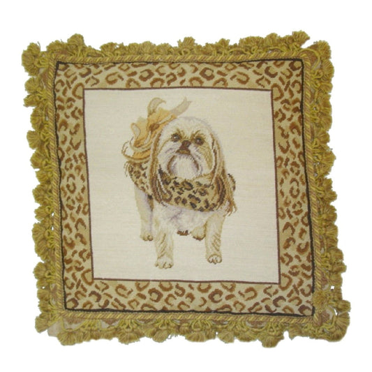 Handmade Wool Needlepoint Pillow Cover - Decorative Throw Cushion Cover - Vintage Floral Embroidery Design Shih-Tzu ware the animal print scarf with 2 color tassel