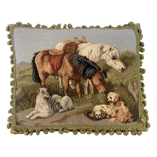 Handmade Wool Needlepoint Pillow Cover - Decorative Throw Cushion Cover - Vintage Floral Embroidery Design Horses & Dogs with 2 color tassels