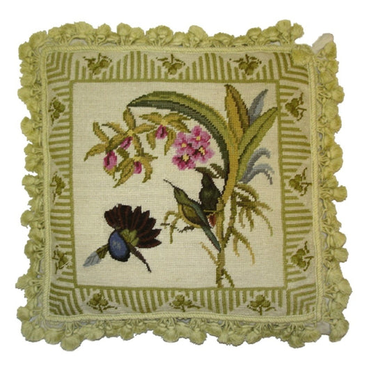 Handmade Wool Needlepoint Pillow Cover - Decorative Throw Cushion Cover - Vintage Floral Embroidery Design 3 birds & pink Lily)