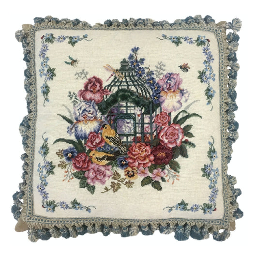 Handmade Wool Needlepoint Pillow Cover - Decorative Throw Cushion Cover - Vintage Floral Embroidery Design yellow birds with tassel
