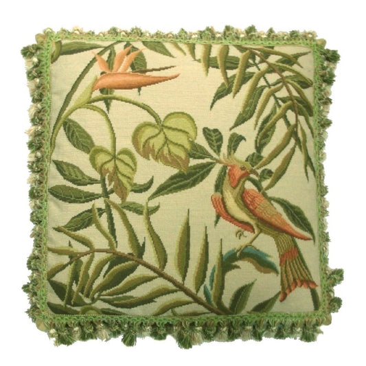 Handmade Wool Needlepoint Pillow Cover - Decorative Throw Cushion Cover - Vintage Floral Embroidery Design birds of Paradise with tassel