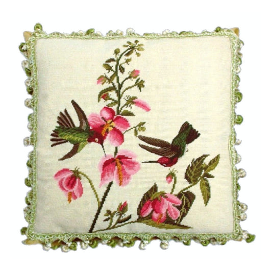 Handmade Wool Needlepoint Pillow Cover - Decorative Throw Cushion Cover - Vintage Floral Embroidery Design 2 humming birds pink flowers with 3 color tassels