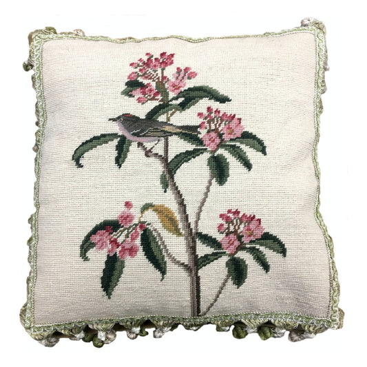 Handmade Wool Needlepoint Pillow Cover - Decorative Throw Cushion Cover - Vintage Floral Embroidery Design gray bird pink flower background with tassels