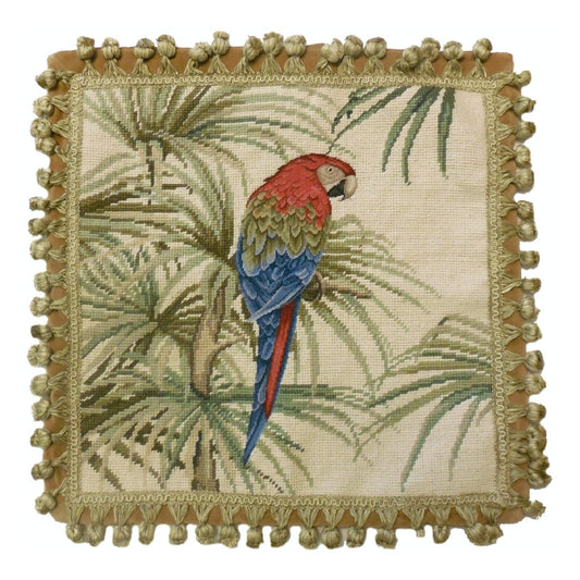 Handmade Wool Needlepoint Pillow Cover - Decorative Throw Cushion Cover - Vintage Floral Embroidery Design parrot with tassels