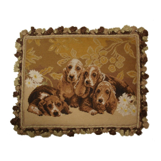 Handmade Wool Needlepoint Pillow Cover - Decorative Throw Cushion Cover - Vintage Floral Embroidery Design 4 Basset Hound with tassel