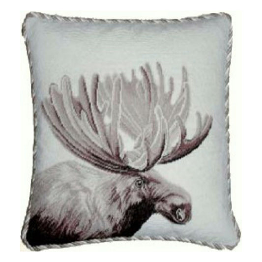Handmade Wool Needlepoint Pillow Cover - Decorative Throw Cushion Cover - Vintage Floral Embroidery Design Moose side with 3 color cording