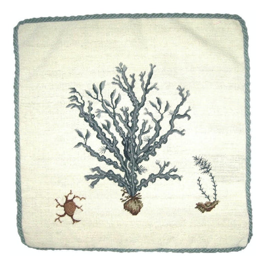 Handmade Wool Needlepoint Pillow Cover - Decorative Throw Cushion Cover - Vintage Floral Embroidery Design blue water weed in blue with blue cording 1