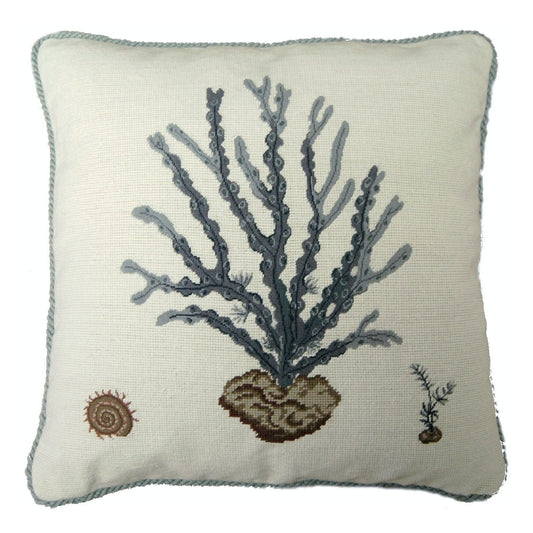 Handmade Wool Needlepoint Pillow Cover - Decorative Throw Cushion Cover - Vintage Floral Embroidery Design blue water weed in blue with blue cording