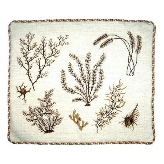 Handmade Wool Needlepoint Pillow Cover - Decorative Throw Cushion Cover - Vintage Floral Embroidery Design brown group seaweeds with cording