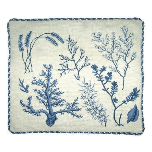 Handmade Wool Needlepoint Pillow Cover - Decorative Throw Cushion Cover - Vintage Floral Embroidery Design blue group seaweeds with coral left bottom with cording