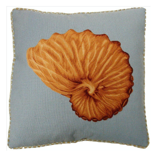Handmade Wool Needlepoint Pillow Cover - Decorative Throw Cushion Cover - Vintage Floral Embroidery Design Nautilus shell light blue background with cording