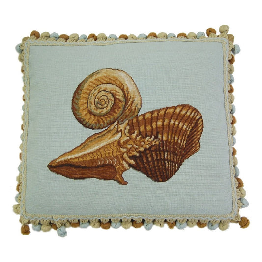 Handmade Wool Needlepoint Pillow Cover - Decorative Throw Cushion Cover - Vintage Floral Embroidery Design blue background fan shell and other sea shells with tassels